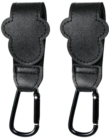 Ganci per passeggino, set di 2 clip per passeggino, materiale in pelle PU con chiusura a strappo, 21x3 cm, universale per passeggini, nero