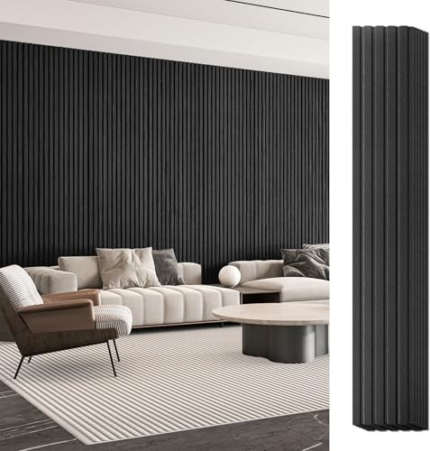 Art3d 6-Pieces Wood Slat Wall Panels for Stylish Interior Decor, MDF 3D Textured Fluted Wood Panel for livingroom、Bedroom, Size 94.6 x 7.4 in-Matte Black