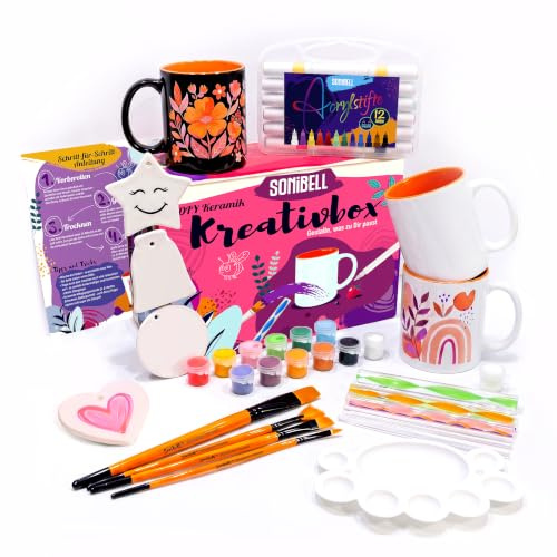 Sonibell Keramik Bemalen Set mit 3 Tassen, Farben, Stiften & Zubehör
