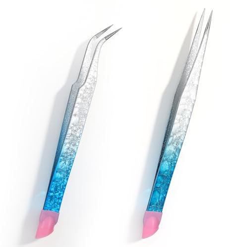 Apojgitn 2PCS Crystal Blue Nail Tweezer: Double Ended Sticker Tweezers with Silicone for Craft, Precision Rhinestone Picker Tool for Jewelry Eyelash Nail Art,Curved Tip Tweezers Kit