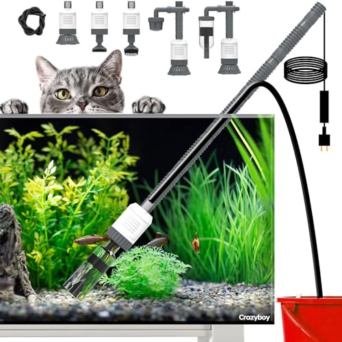 Aquarium Gravel Cleaner Fish Tank Vacuum 30W Strong Suction Electric Cleaner with Adjustable Motor for Efficient Water Change & Cleaning - 6-in-1 Automatic Removable Vacuum Electric Tool (White)
