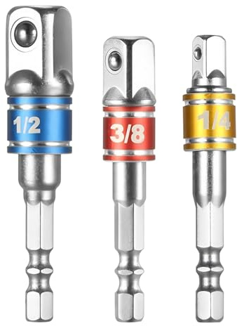 Juego de 3 Adaptador de Vaso Hexagonal, Adaptador de Impacto 1/4 3/8 y 1/2, Vástago Hexagonal para Taladro, Acero Cromo Vanadio con Sistema Anticaída, Conversor para Carraca Llave de Vaso