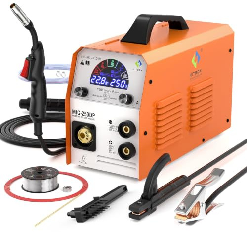 HITBOX Soldadora MIG 250A 5 en 1 Multiproceso Monopulso – Máquina de Soldar Inverter IGBT con Pantalla a Color, para MIG/MAG/TIG/ARC, Soldadura de Aluminio y Acero al Carbono (MIG250DP)