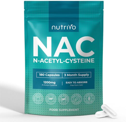 Nutrivo NAC Supplement (N-Acetylcysteine) 1200mg Per Serving | 180 N Acetyl Cysteine Capsules - 3 Month Supply | Free Form, Non-GMO, Gluten Free | Made in UK