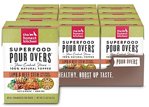 The Honest Kitchen Human Grade Superfood POUR OVERS Wet Toppers for Dogs (12 Pack), 5.5 oz - Beef & Lamb Stew