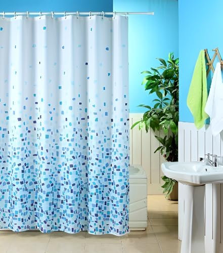 KAV Waterproof Shower Curtain, Mold & Mildew Resistant, Soft Polyester Fabric, Rustproof Eyelets, Ideal Room Decor for Home, Hotel, School - (180x180) cm / (71x71) Inch - Blue Mosaic