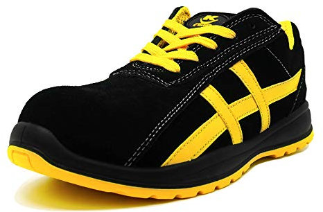 KELI FRANCE K•Protect - Chaussure de sécurité Baskets de sécurité en Cuir Souple antidérapante Embout Acier S1 SRC (HRO 80°) Modèle Bruce (Noir et Jaune)(42 EU Homme)