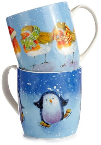 Puckator Jan Pashley Christmas Robin & Skating Penguins 2PC Porcelain Tea Coffee Mugs Funny Home Accessories Cute Gifts for Girlfriend Large Mugs Men Women Hot Drinks Cups Presents Secret Santa Gift