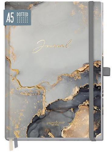 paper&you® Premium Bullet Journal dotted A5 Grey Marble Notizbuch gepunktet, 120g/m² dickes Papier, 188 nummerierte Seiten, Tagebuch mit Punkteraster - nachhaltig & klimafreundlich
