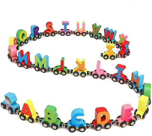 KABENFIS El Juego de Trenes de 27 Letras de Madera Incluye un Motor, Juguetes de vagones de Tren magnéticos de Madera