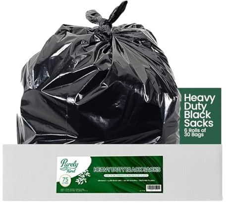 Blake & White Purely Kind Black Sacks 75L- Ultra Durable & Eco Friendly Recyclable Bin Bags - Heavy Duty Bin Liners for Household, Office, and Kitchen - Box of 180 (6 Rolls of 30 Bags)