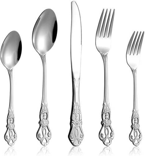 Cididu 40 Pieces Retro Royal Silverware Set for 8, Stainless Steel Flatware Set, Dishwasher Safe Dinnerware Set Including Forks Spoons and Knives, Vintage Cutlery Set for Wedding, Party and Christmas