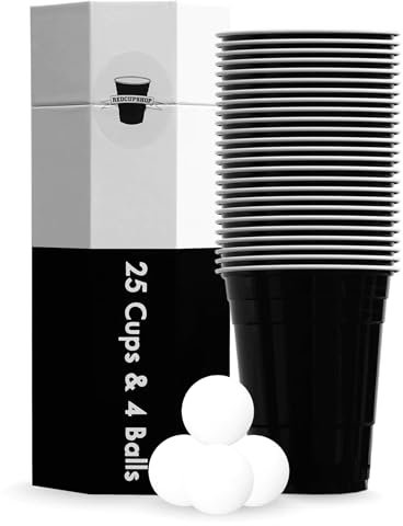 RedCupShop® Lot de 25 gobelets et 4 balles, lavables au lave-vaisselle et réutilisables, en plastique rigide de 473 ml, sans BPA, pour fête, festival et jeux à boire Noir