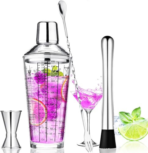 Shaker à Cocktail Set, Cocktail Set Bar Kit Set, Utilisé pour Mélanger des Boissons, des Familles, des Bars, des Fêtes, avec Un Shaker à Vin, Une Tasse à Mesurer, Une Cuillère, Un Pilon, 400 ML