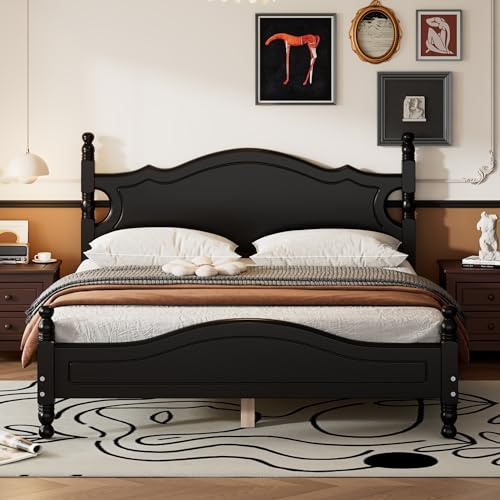 Harper & Bright Designs Queen Size Platform Bed with Headboard, Retro Style Queen Size Bed Frame, Queen Wood Bed Frame with Slat Support for Bedroom, No Box Spring Needed (Black), HZG-WF310132AAB