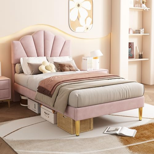 ＭodernLuxe Upholstered Single Bed, 3FT Shell-like Bed Frame with Golden Iron Legs and Height-adjustable Headboard Filled with High-density Foam, Wooden Slatted Frame, Velvet Pink, 90x190cm