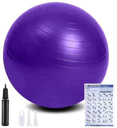 flintronic Gymnastikball, 65 cm Ultra-Dicker Anti-Explosions-Yoga-Ball mit aufblasbarer Fußpumpe, Robuster Maximalbelastbarkeit Fitness-Ball für Sport-Fitness, Yoga, Pilates（Lila）