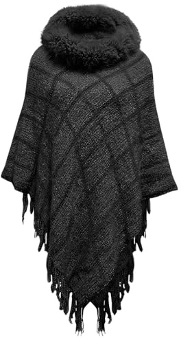 NLAND Poncho Femme Cape Franges Elégante Hiver Crochet Ponchos avec Une écharpe Chaude Epaule Echarpe Manteau pour Printemps Automne,Nero