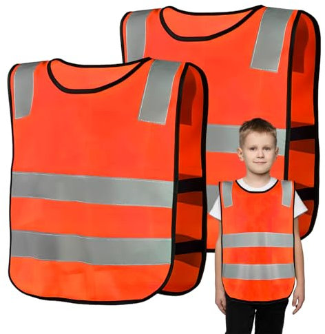 2 Pcs Gilet Alta Visibilità Bambini Età 6-14, Gilet Catarifrangente con 4 Strisce Riflettenti, Gilet Sicurezza Verde Arancione, Giubbotto Sicurezza Ragazze Ragazzi Sport Scuola Ciclismo (Arancione)
