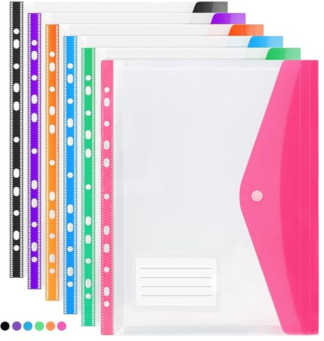 6 Pcs Punched Pockets A4 Plastic Wallets File Folders Clear Assorted Coloured Envelope with Label Pocket Snap Button for School Home Office (Side Opening)