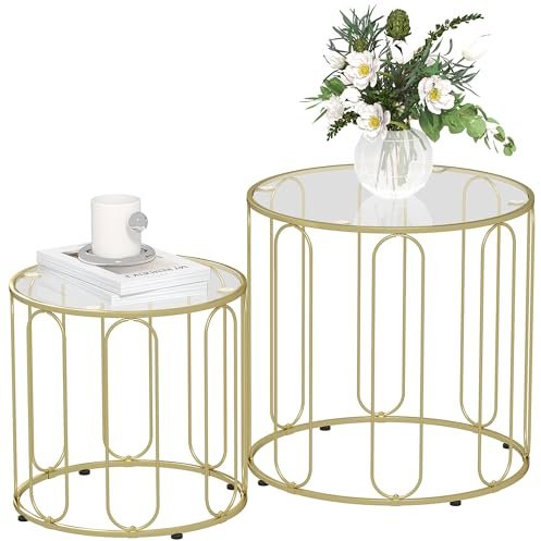 HOMCOM Round Coffee Table Set of 2, Glass Nest of Tables with Metal Frame and Glass Tabletop for Living Room, Gold Tone