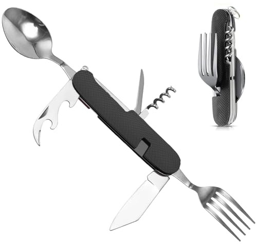Vaisselle Pliante en Acier Inoxydable 6 en 1, Couvert Camping Multifonction, Vaisselle de Voyage, Vaisselle de Camping En Acier Inoxydable pour Camping en Plein Air - Amovible (6 en 1-Noir)