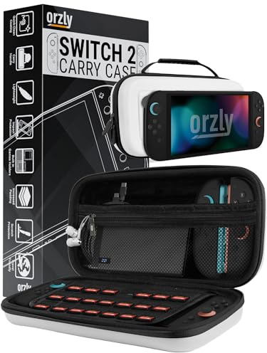 Orzly Case Compatible with Switch 2 – Protective Travel Carry Case with Screen Padding, Game Card & microSD Slots, Zipped & Open Pockets for Accessories – 7.9 Gift Boxed