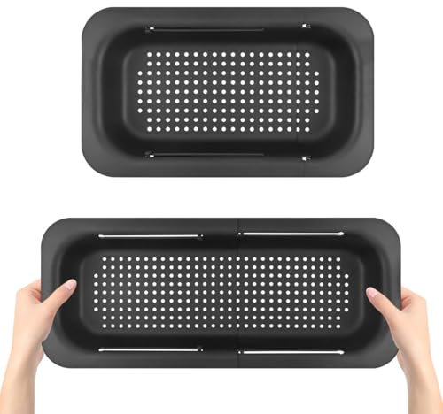 Sink Strainer Basket, Extendable Over The Sink Colander Black Collapsible Colander Drain Basket for Draining Fruit Vegetables Pasta