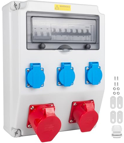 Pjerjzn Distribuidor industrial para obras FI/LS, sistema de protección IP65, carcasa con enchufes IP44 para construcción industrial (1 x 32 A, 3 x 16 A, 1 x 40 A LS+FI)