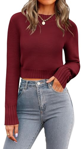 Zeagoo Pullover pour Femmes - Pull court en tricot à col rond et manches longues - Pull d'automne et d'hiver décontracté uni - Tailles S-XXL, rouge, L