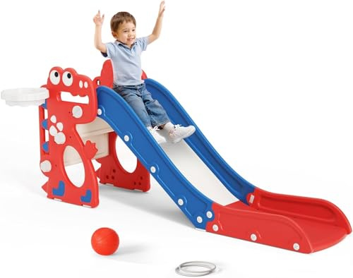 Toboggan pour enfants, grand avec panier de basket, structure d'escalade de jardin, télescope, espace (petit dinosaure unique + cadre sphérique + anneau – Europe – rouge et bleu)