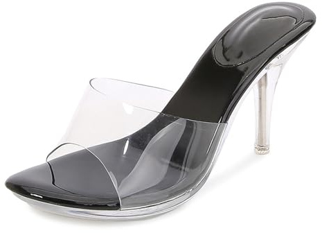 Qynthra Sandali Mule Donna Tacco A Spillo Trasparenti Punta Tonda Aperta Sandali Scivolati con Tacco in Vetro per Festa Matrimonio Occasioni Serali,Nero,40 EU