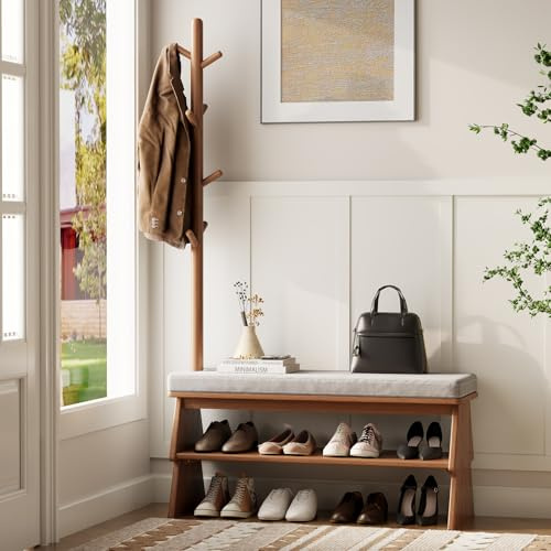 YQJJGL Coat Rack with Shoe Storage, Shoe Rack with8 Hook, Walnut
