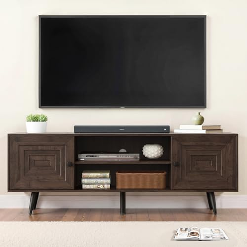 Estiliza Mueble moderno de madera de mediados de siglo para TV de 65 pulgadas, unidad de entretenimiento con estantes abiertos y 2 armarios de almacenamiento para dormitorio, sala de estar, nogal