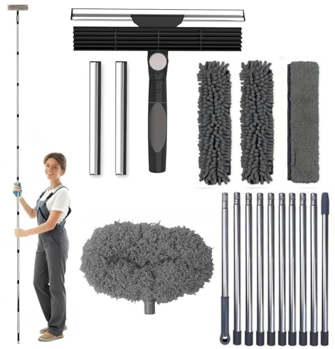 4-i-1 teleskop fönsterrengörare sats, 24 cm ~ 420 cm, teleskopisk fönstertorkare, avdragare sats, extra lång fönsterrengöringssats, 1 damm, 3 mikrofiberdukborstar, 2 gummiskrapor, för inomhus- och