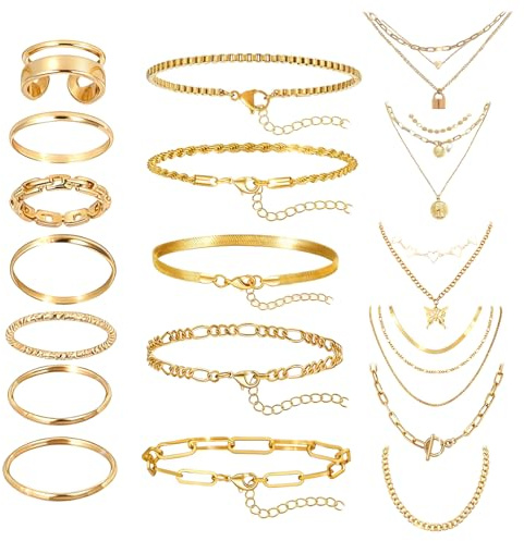 xwnyzw 18 PCS Gold Jewellery Set, Gold Bracelet Stack Rings Necklaces for Women, Fashion Women's Jewellery Sets Layered Necklaces for Women Chunky Necklace, Suitable Daily Gatherings