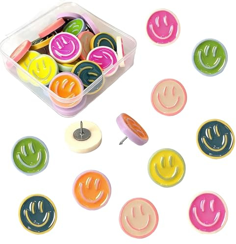 24Pcs Smiley Face Push Pins Cork Board Pins, Resin Drawing Pins | Decorative Cork Boards Push Pins for Notice Board with Storage Box for Bulletin Board Cork Wall Home Office Decors