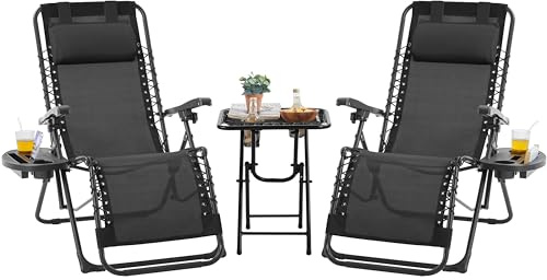 Yaheetech Set di 2 Sedie Sdraio da Giardino Zero Gravity e Tavolino con Portabicchieri, Set Sedie Pieghevoli con Poggiatesta, Portabicchieri, Pedale, Schienale Regolabile, Nero (Nero)