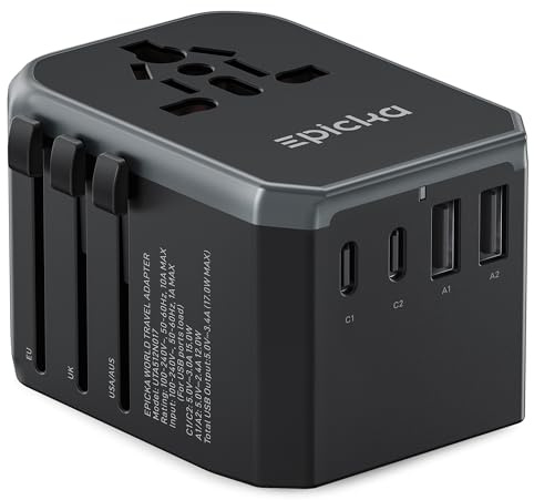 EPICKA Universal 17W reseadapter med 2 USB A- och 2 USB C-portar för Tyskland, USA, Storbritannien, Japan, Thailand, Australien TA-104e