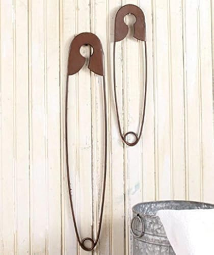 Collections-Etc Large Hanging Metal Safety Pins Laundry Room Wall Home Decoration - Set of 2 , Rustic