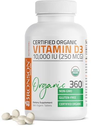 Bronson Vitamin D3 10,000 IU (250 mcg) Certified Organic High Potency Non-GMO Vitamin D Supplement, 360 Tablets