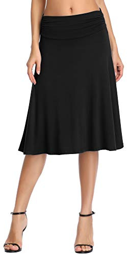 Urban CoCo Women's Ruched High Waist Knee Length Jersey A-Line Stretchy Flared Casual Skirt (S, Black)