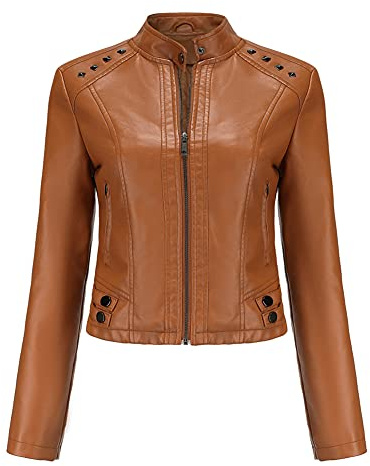 YYNUDA Chaqueta de cuero corta para mujer, chaqueta de motorista, cuello alto, cremallera, chaqueta de cuero, chaqueta de entretiempo para otoño y primavera, marrón, S