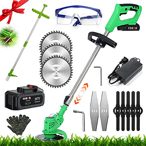 Feoya - Desbrozadora con batería de 36 V, cortabordes eléctrico inalámbrico a 90°, cabezal ajustable y asa telescópica con Weeder manual para cortacésped, ligero, 1,2 kg, para césped de corte de