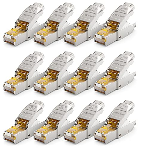 deleyCON 12x CAT 8 Nätverkskontakt RJ45 Verktygsfri Skärmad 40 Gbit/s Nätverk Kontakt för Styva Råkabel Installationskabel Kontakt RJ45 Ethernet LAN DSL Patchkabel