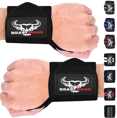 BEAST RAGE Handgelenk Bandagen (Gym Wrist Wraps) Kraftsport Handgelenkstütze Gelenkbandage Schlaufen Krafttraining Workouts Übungen (Schwarz Voll)