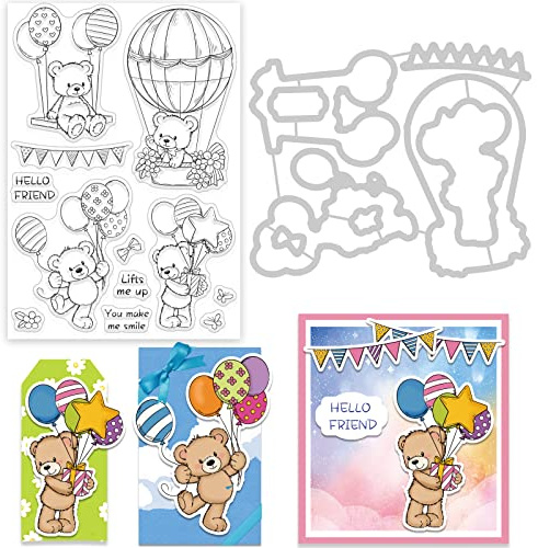 GLOBLELAND Bär und Ballon Klare Stempel und Metallstanzungen Set für DIY Scrapbooking Dekoration Blumenpuppe Transparente Stempel für Karten DIY Schnittschablonen für Fotoalbum Dekor