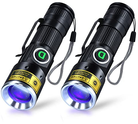 DARKDAWN UV 365nm Linternas Luz Negra USB Recargable, Lámpara de Wood Ultravioleta LED Mini Portátil 370nm, Detector de Orina de Mascotas, Fluorescente, Ámbar, Uranio Vidrio, Dinero, Resina, 2 Paquete