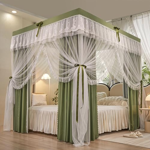 SCMTYWCQ 4 Corners Post Solid Color Bed Canopy Curtain Double Layer-Curtain & Ruffle Princess Mosquito Net 4 Opening Netting for Girls Teens Or Adults Bedroom Decoration (Sage Green, Queen)