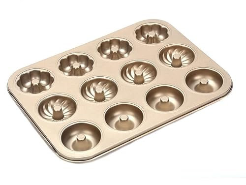 Viitech Donut-Form mit 12 Mulden, Donuts Backform mit 3 Verschiedenen Mustern, Donutform Kuchenform aus Kohlenstoffstahl Backblech Muffinform für Donut-Muffin-Cupcakes (Gold)